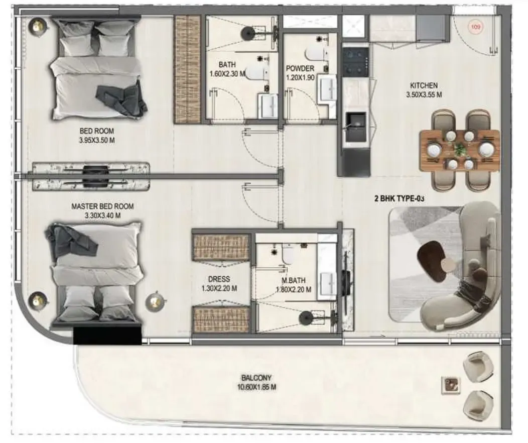 Divine Elements 2 bed floor plan, 1,047 sqft
