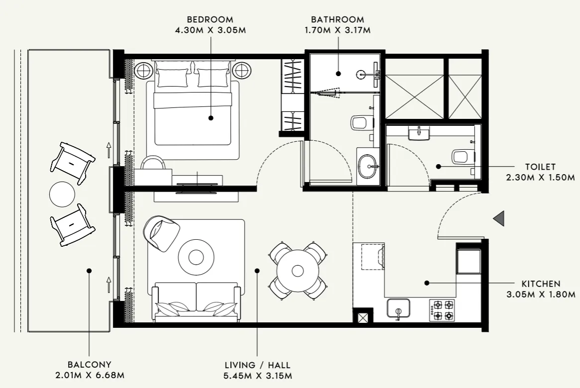 Azizi Venice 1 bed floor plan, 735 sqft