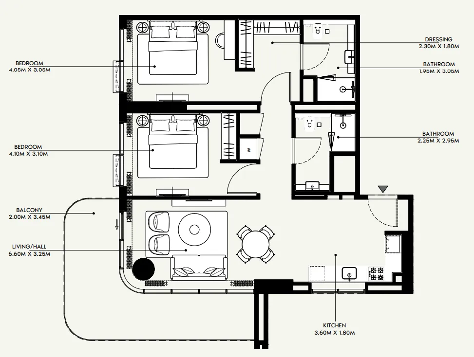 Azizi Venice 2 bed floor plan, 1,216 sqft