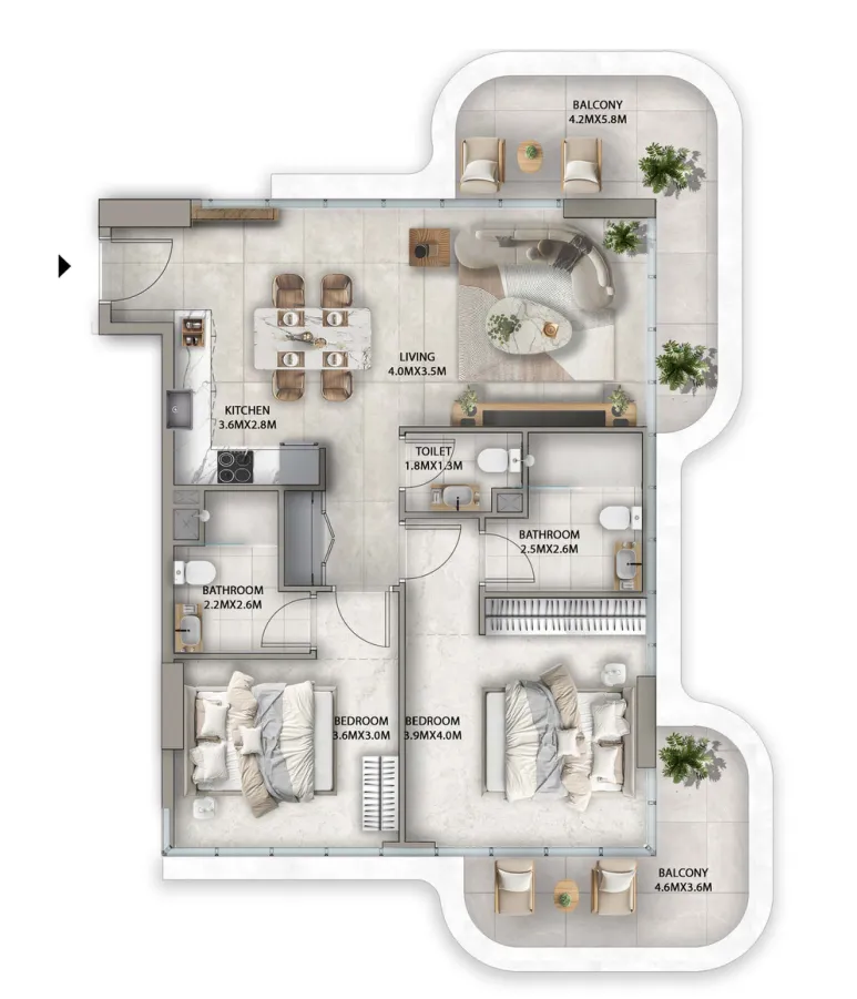 Antalya 2 bed floor plan, 1,195 sqft