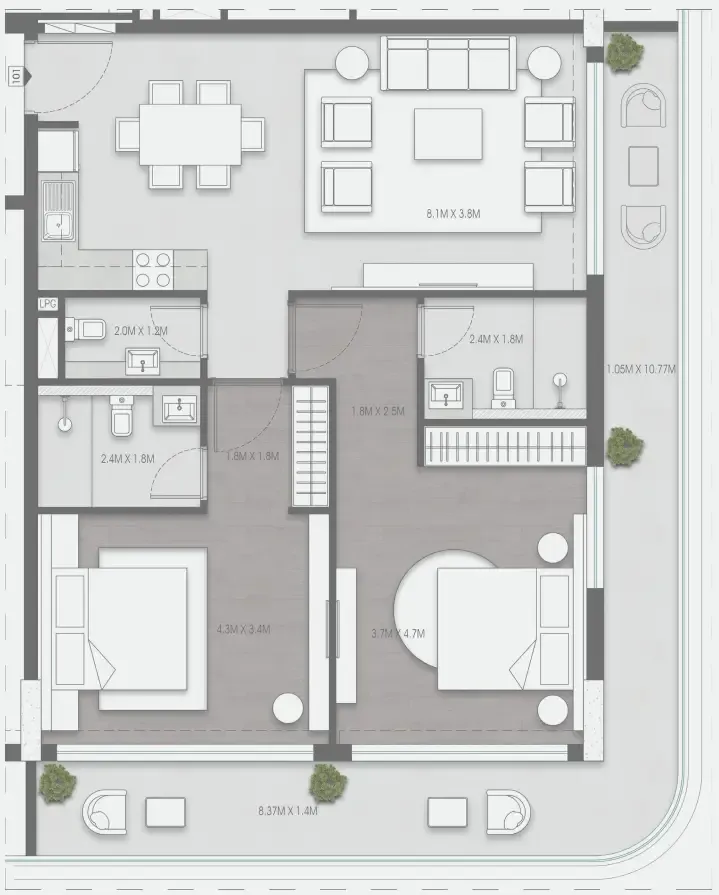 Valores Residences 2 bed floor plan, 1,265 sqft