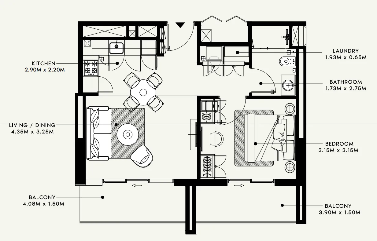Beach Oasis 1 and 2 1 bed floor plan, 677 sqft