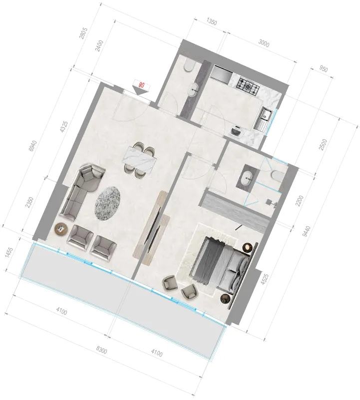 Orchid Towers Phase 1 1 bed floor plan, 893 sqft