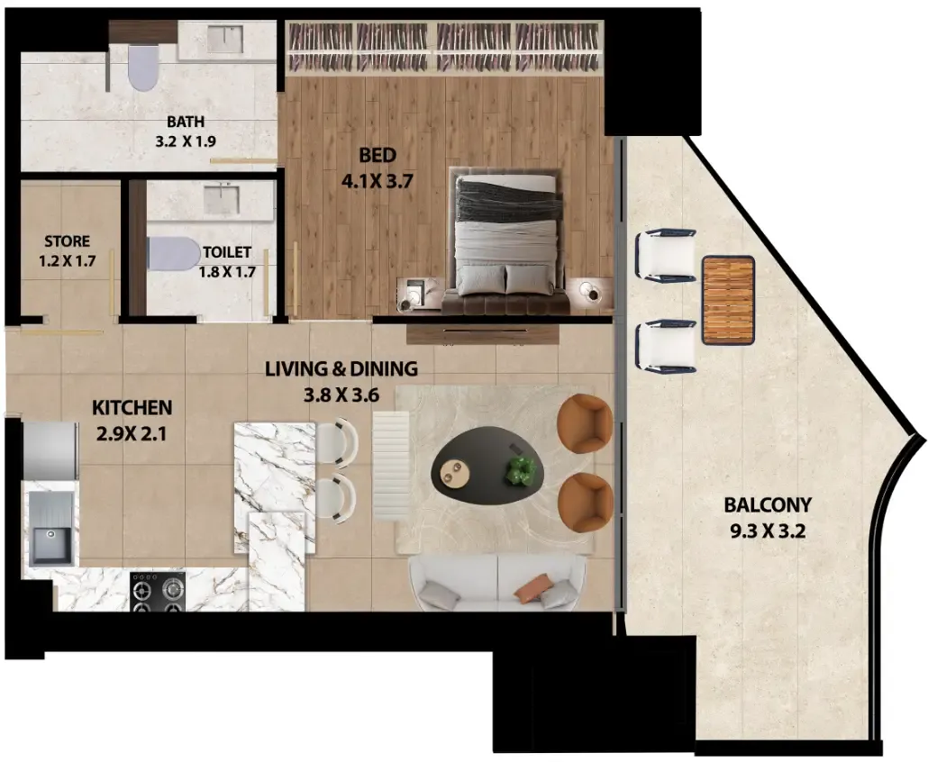 Marquis One 1 bed floor plan, 887 sqft