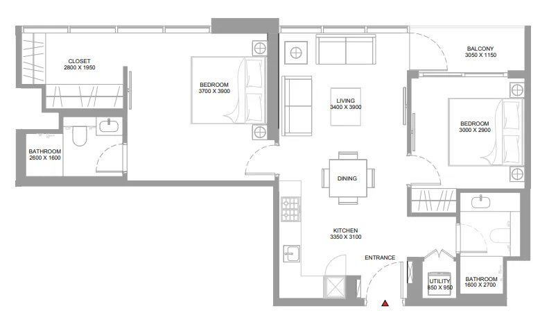 Pristine Beach Residences 2 bed floor plan, 841 sqft