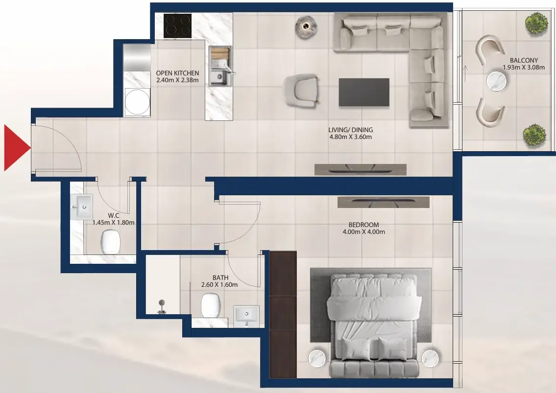 Al Vista 1 bed floor plan, 722 sqft