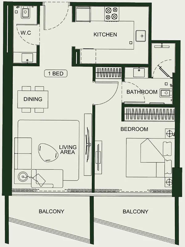 Binghatti HillCrest 1 bed floor plan, 685 – 751 sqft