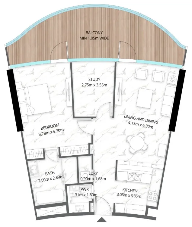 Aqua Arc 1 bed floor plan, 1,305 sqft