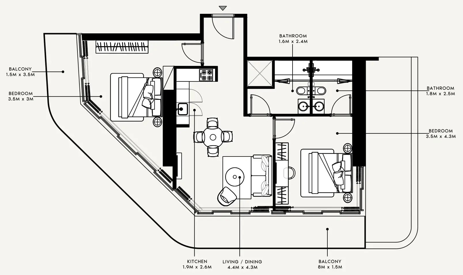Azizi Milan 2 bed floor plan, 1,262 sqft