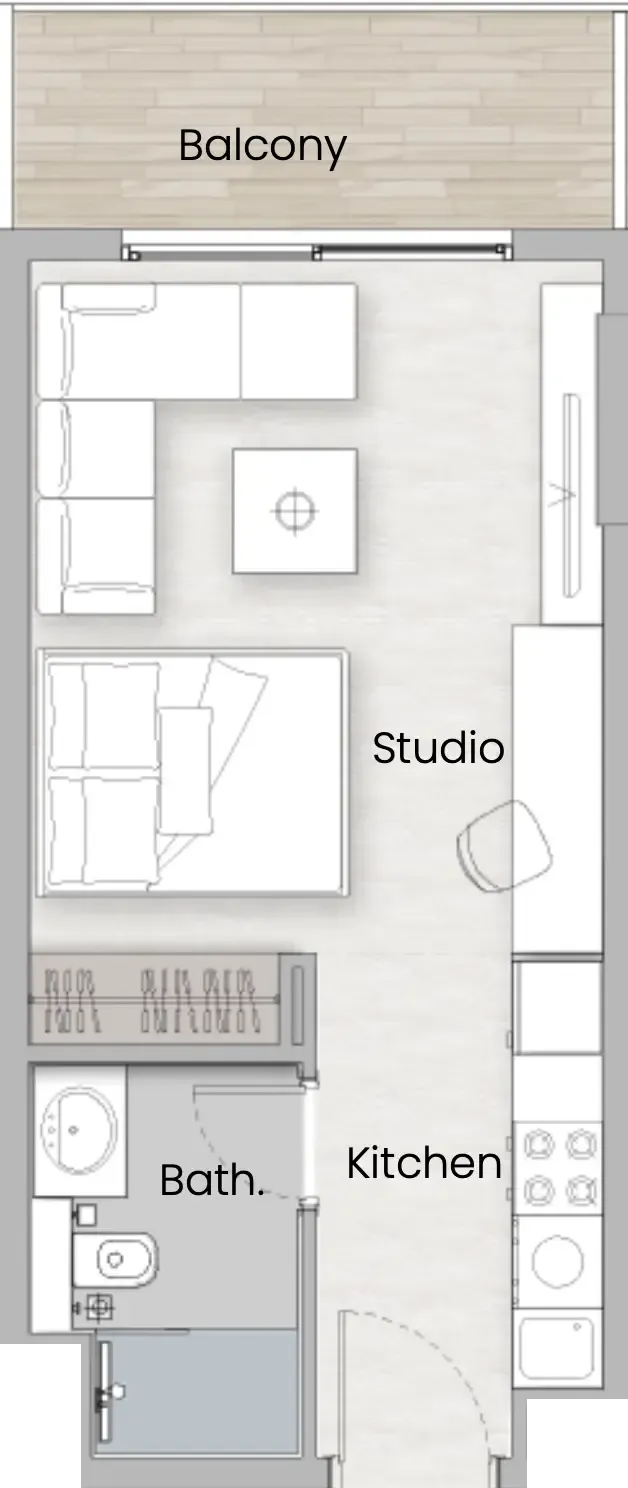 One Beverly Studio floor plan, 388 sqft