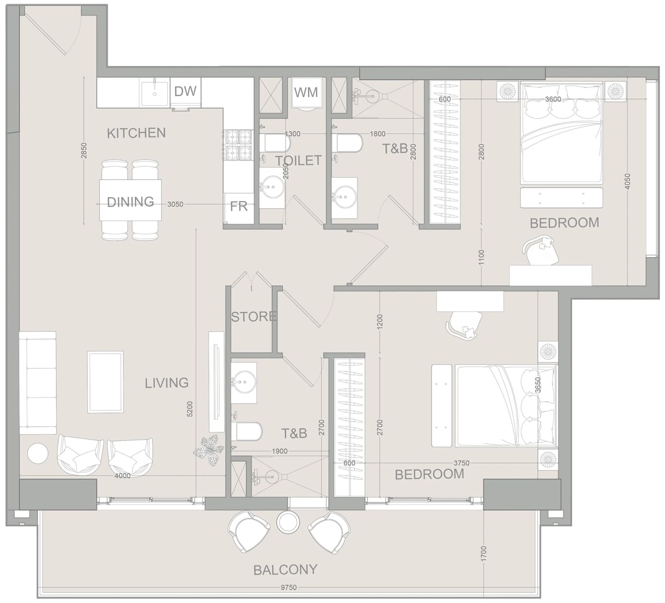 AUREL1A Residence 2 bed floor plan, 1,262 sqft