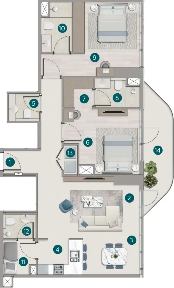 Flora Shore Beachside Residences 2 bed floor plan, 1,289 sqft