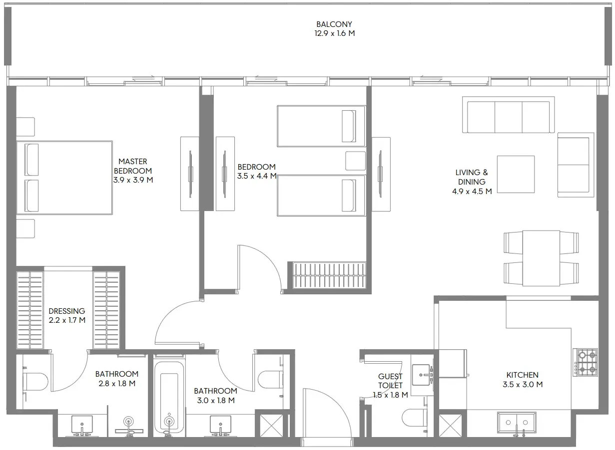 The Gate 5 2 bed floor plan, 1,234 – 1,300 sqft