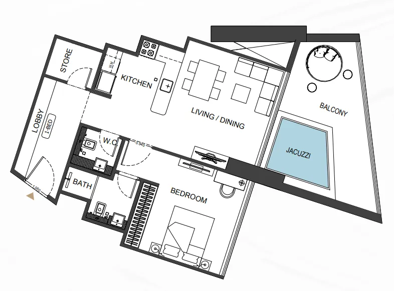 Binghatti Royale 1 bed floor plan, 929 sqft