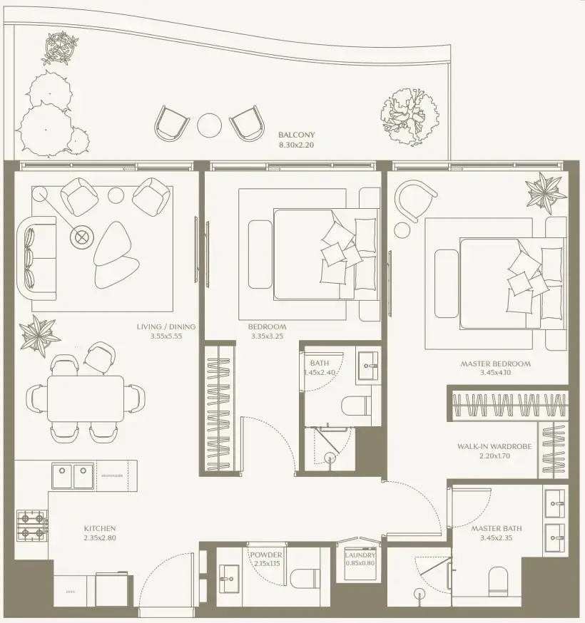 AYA Beachfront Residences 2 bed floor plan, 1,146 – 1,342 sqft
