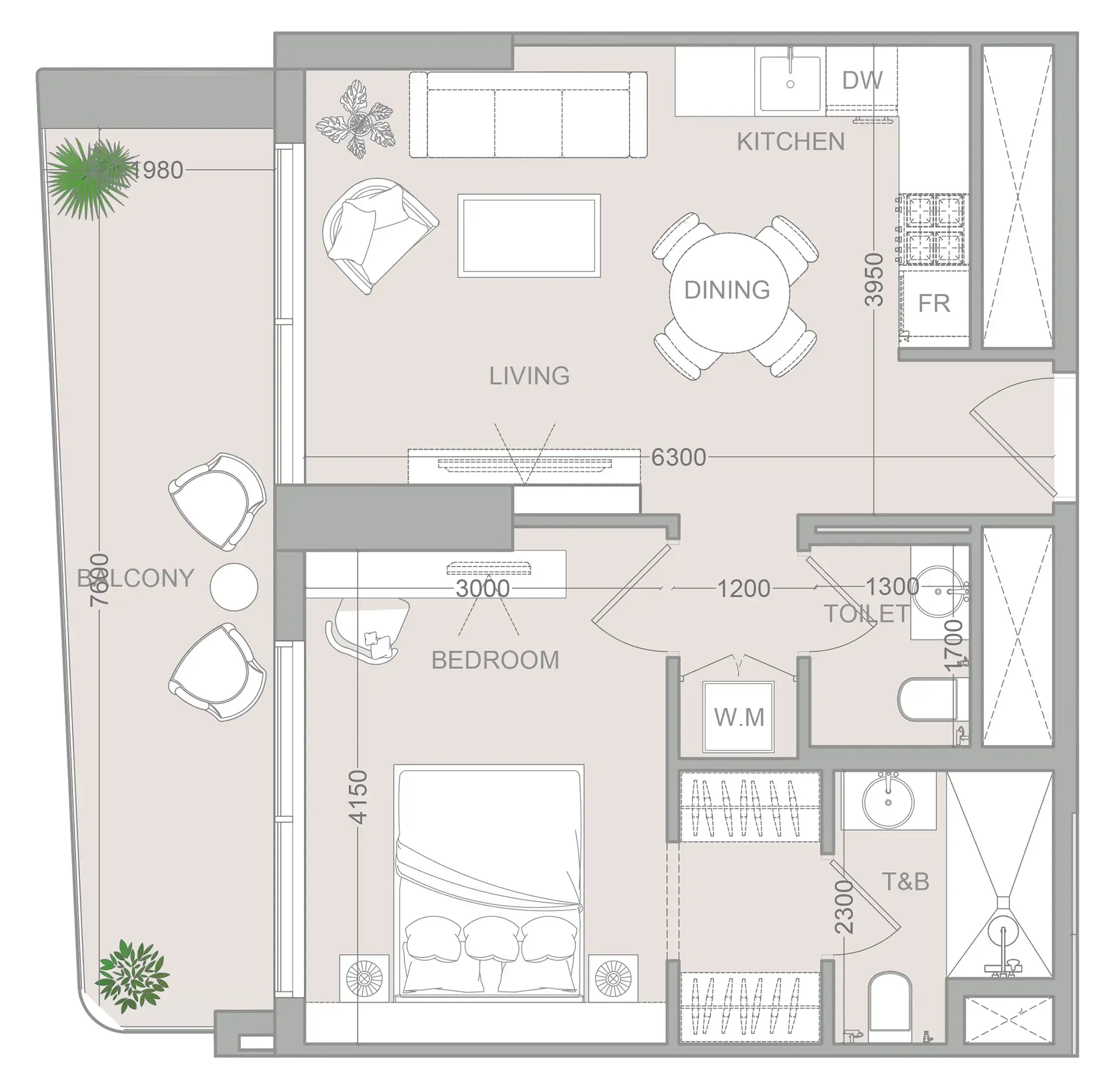 ELAR1S Sky 1 bed floor plan, 722 sqft