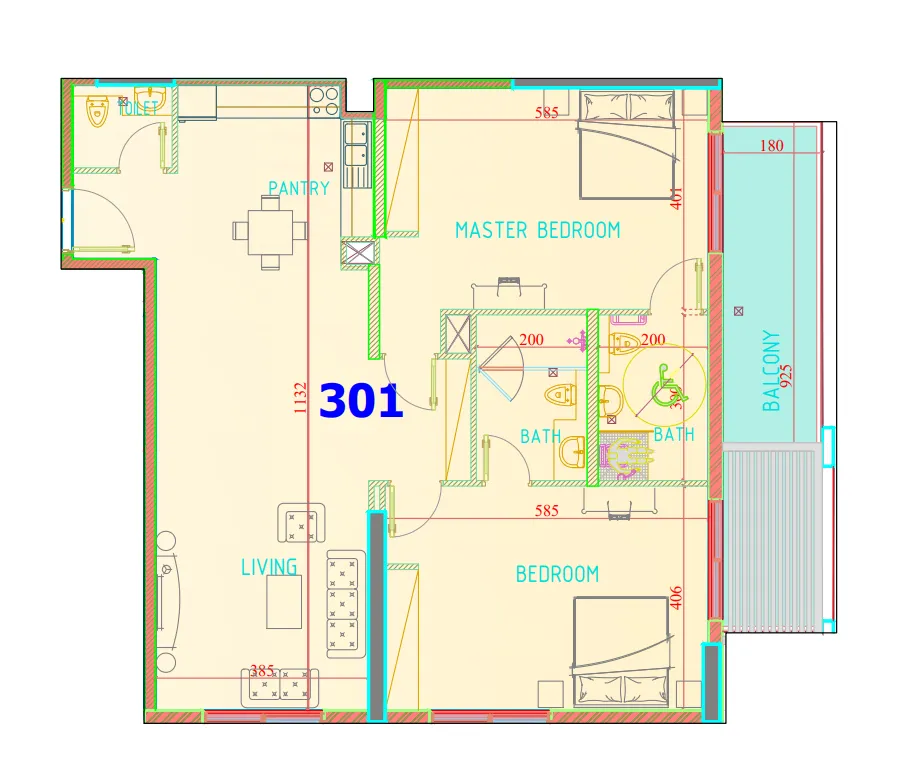 Carmel Residence 2 bed floor plan, 1,628 sqft