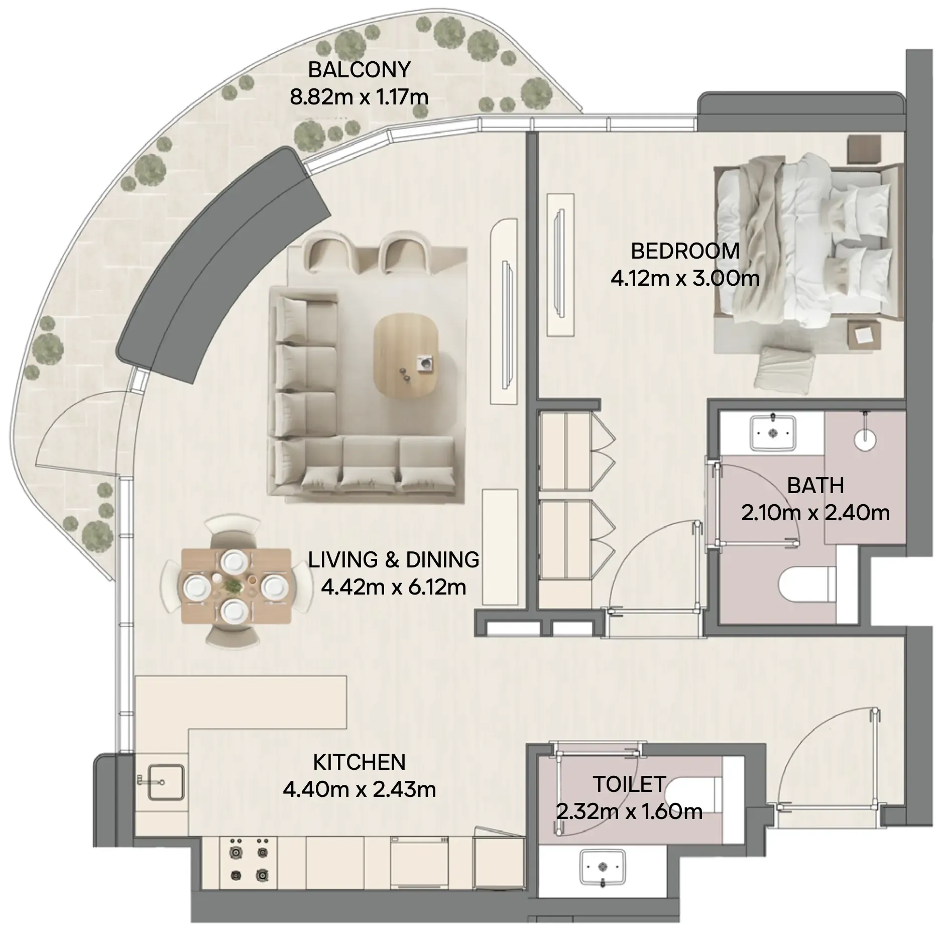 Mirasol II 1 bed floor plan, 1,326 sqft