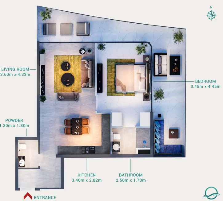 Milos 1 bed floor plan, 994 sqft