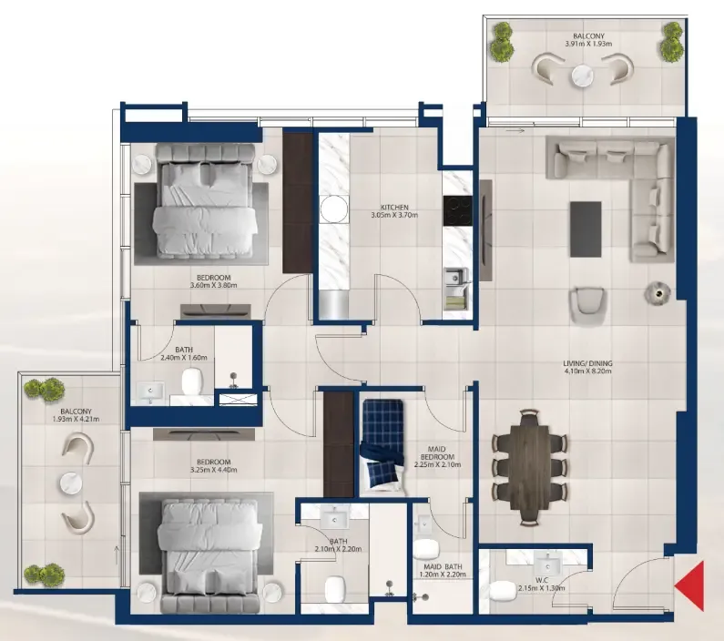 Al Vista 2 bed floor plan, 1,331 sqft
