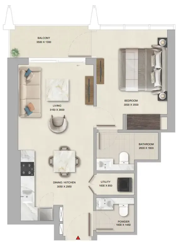 The Pinnacle at Sobha Central 1 bed floor plan, 610 sqft