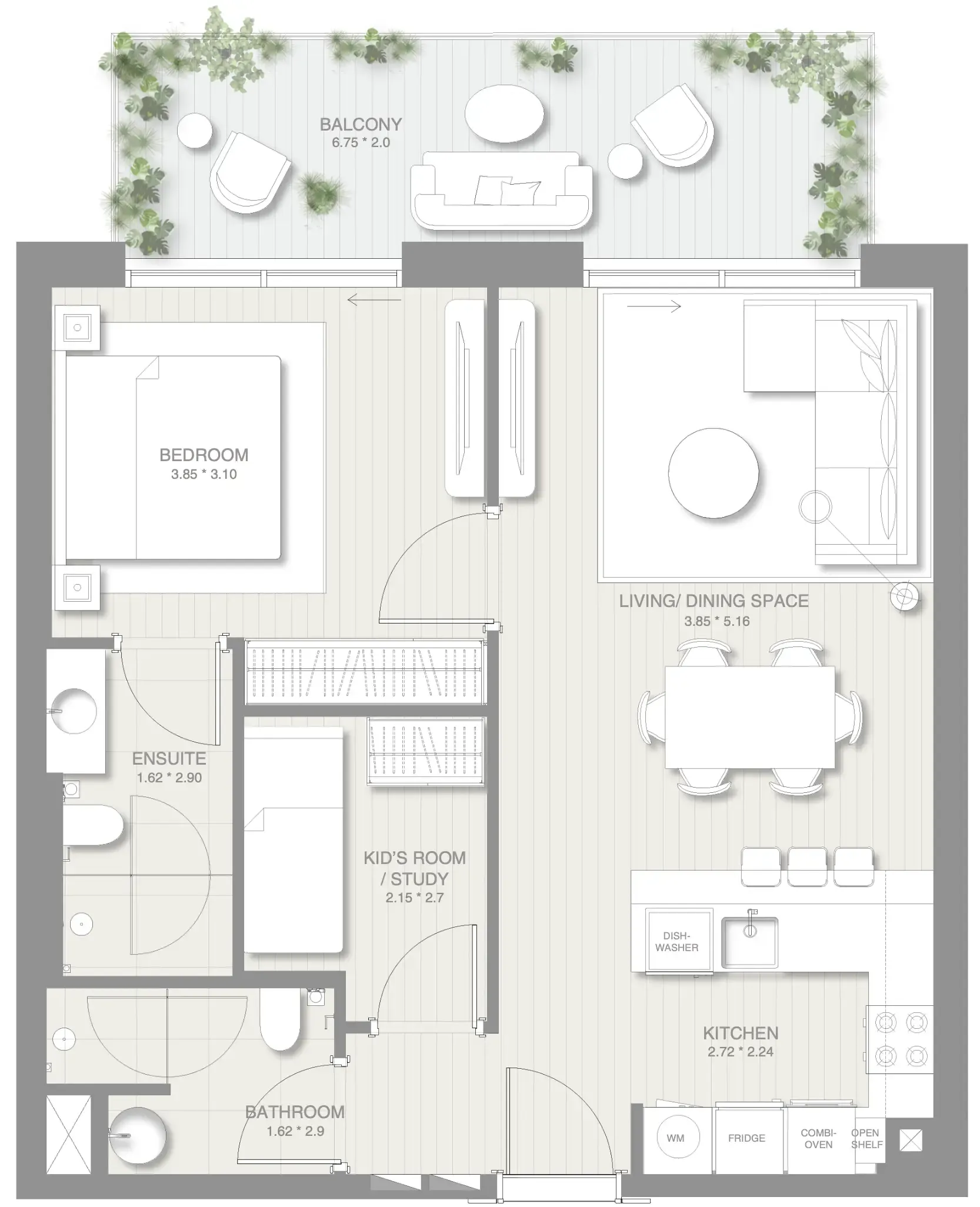Sol Levante 1 bed floor plan, 860 sqft