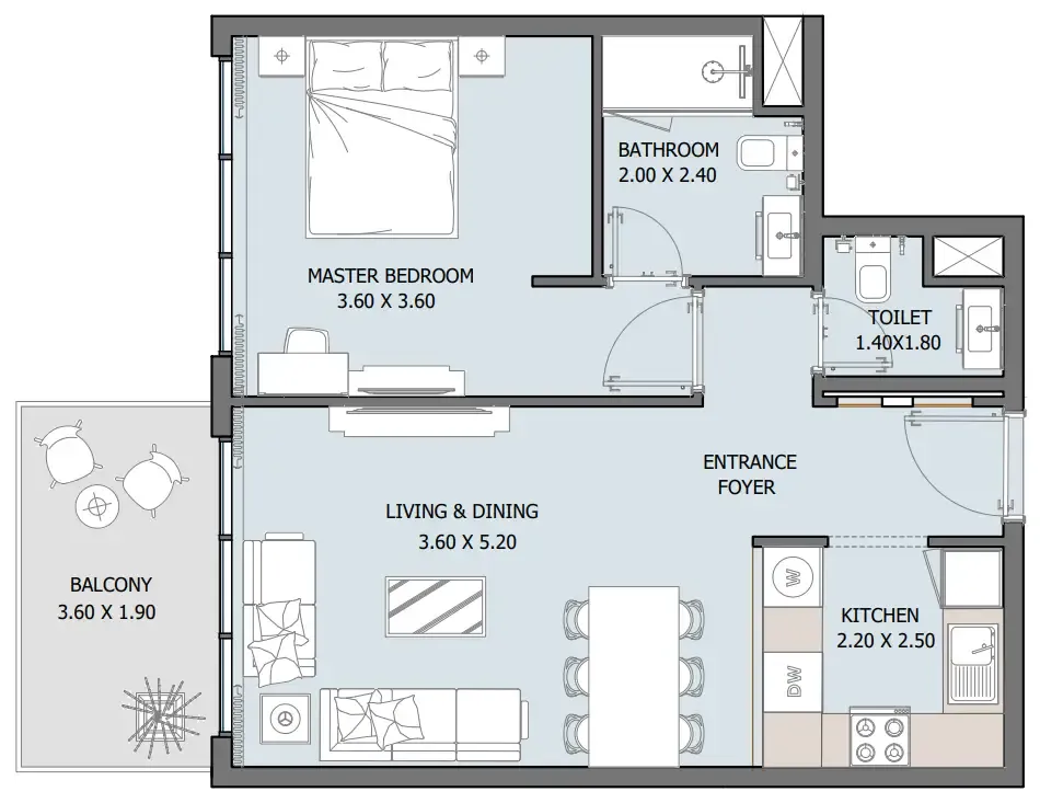 Oceana 1 bed floor plan, 681 sqft