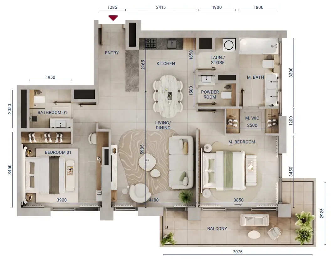 Mirdad 2 bed floor plan, 1,148 sqft