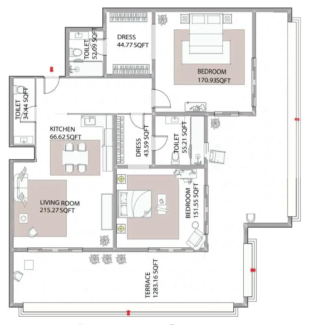 Ajman Creek Towers 2 bed floor plan, 2,278 sqft