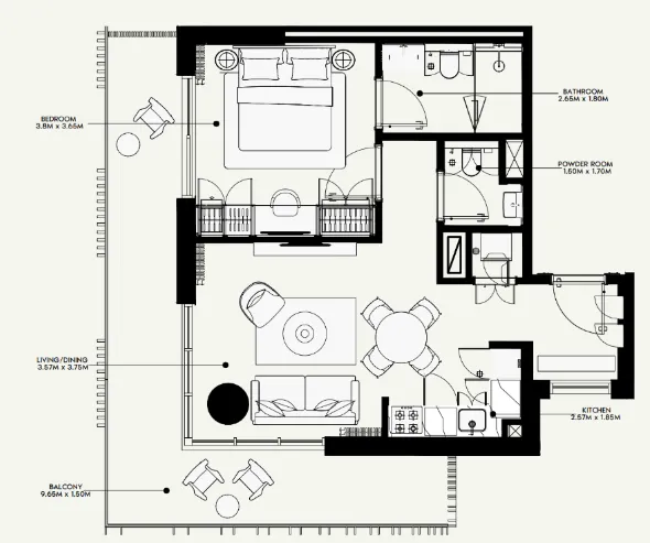 Azizi Venice 1 bed floor plan, 893 sqft