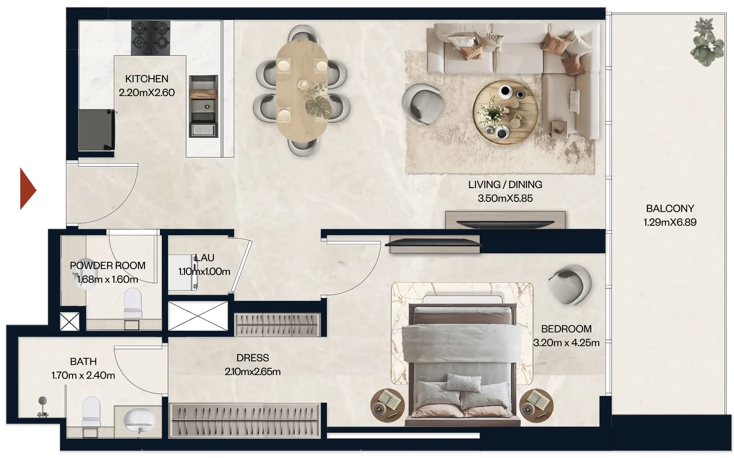 Norah Residence 1 bed floor plan, 774 sqft