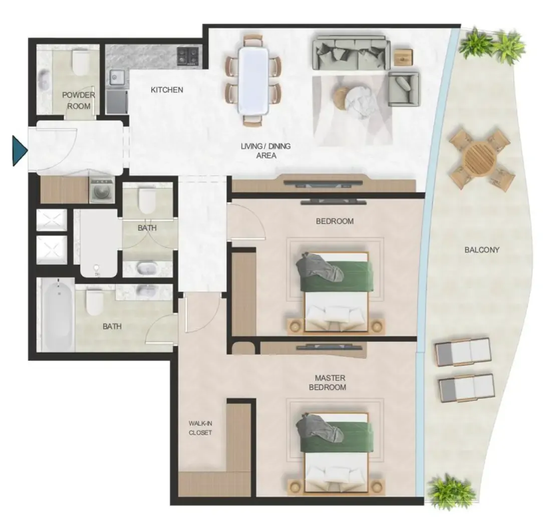 Oystra 2 bed floor plan, 1,274 sqft