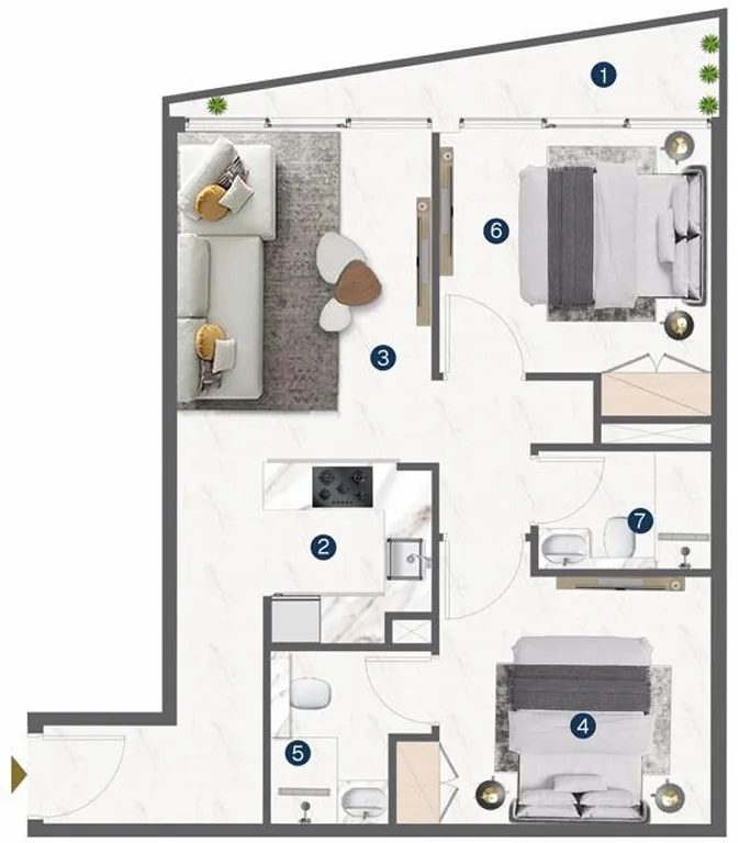 Omya Residence 2 bed floor plan, 770 – 982 sqft