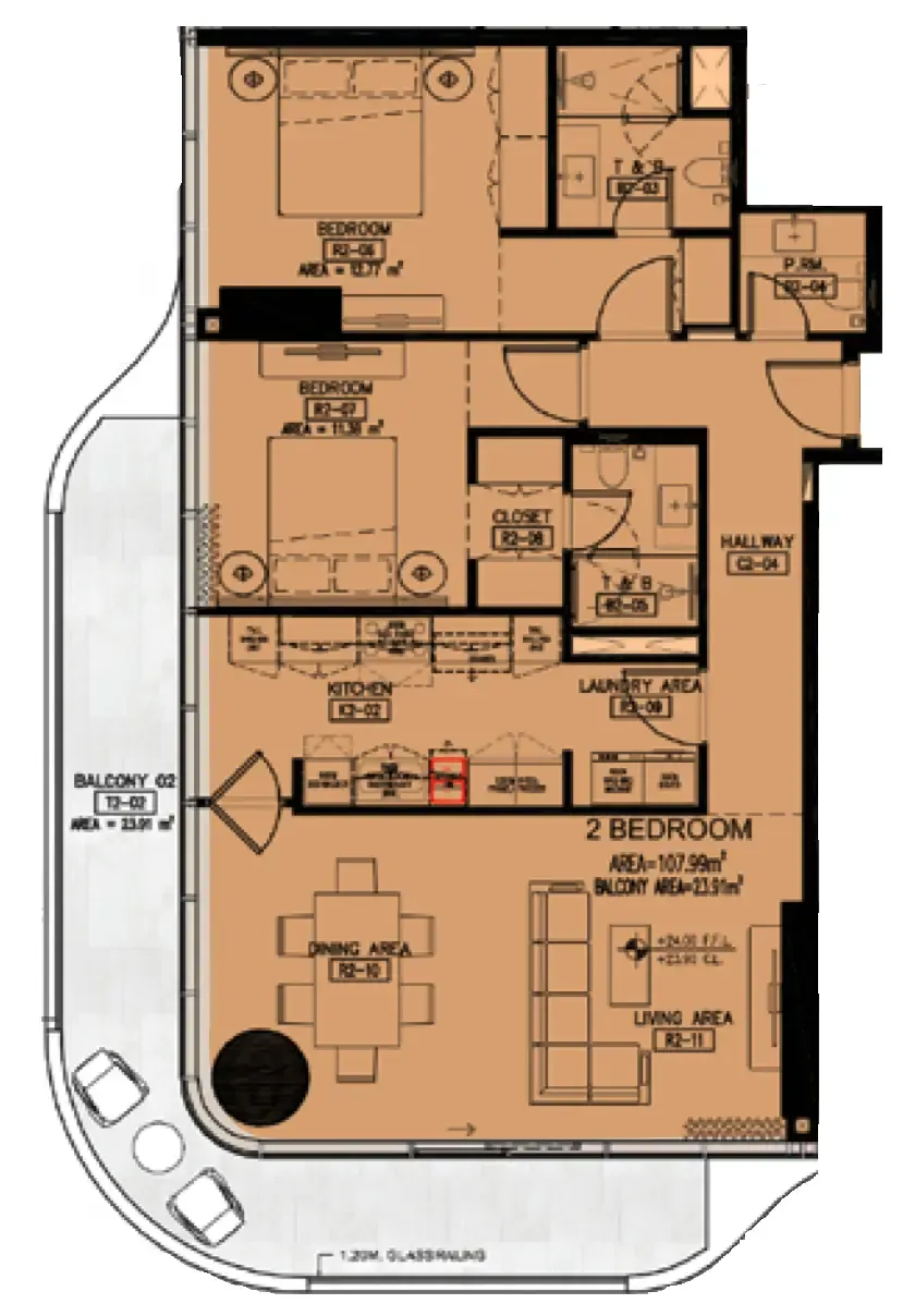 Azha Millennium Residences 2 bed floor plan, 1,465 – 1,490 sqft