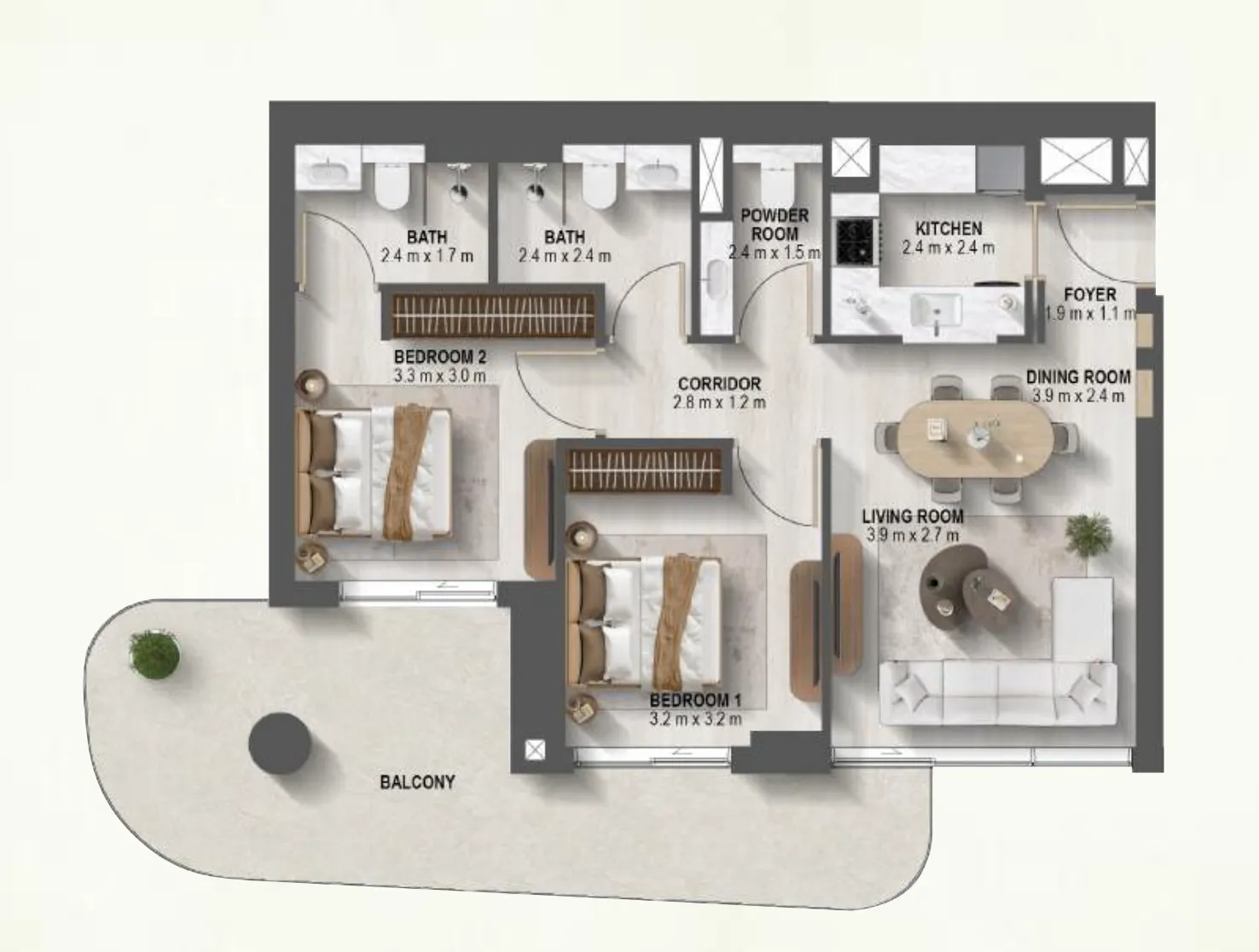 Sanctuary 2 bed floor plan, 1,147 – 1,197 sqft