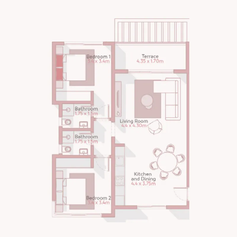 Jebel Sifah - Solaris 2 bed floor plan, 918 sqft