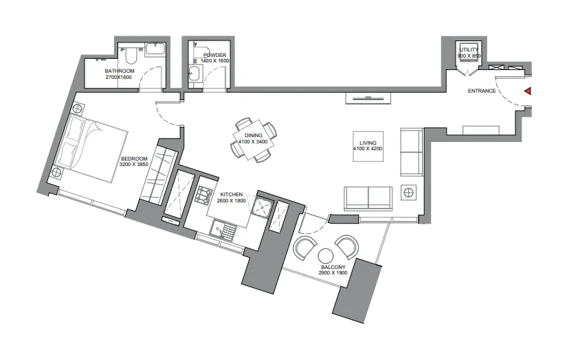 Skyscape 1 bed floor plan, 846 sqft