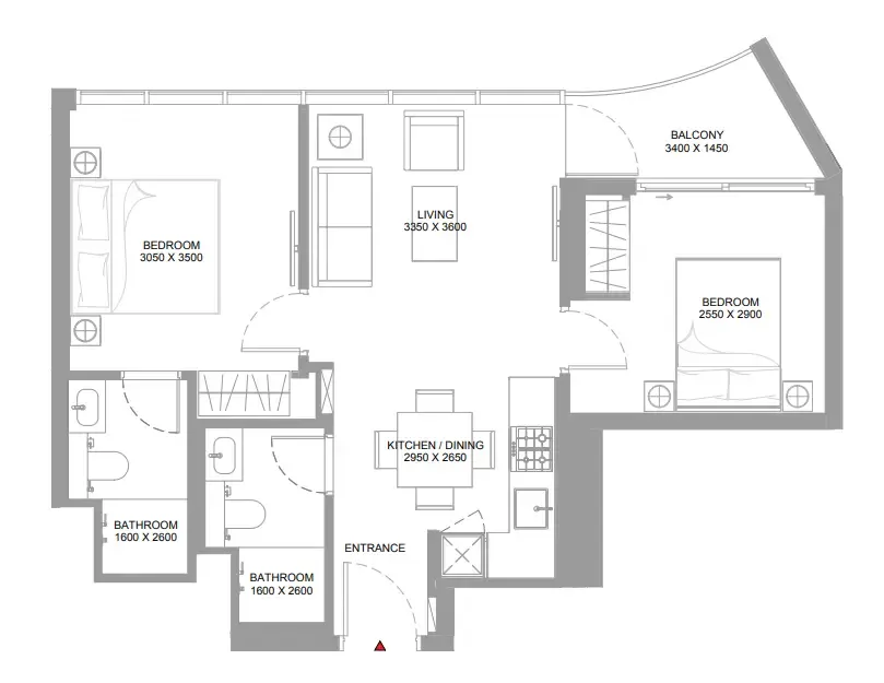Pearlside Marina Residences 2 bed floor plan, 682 sqft