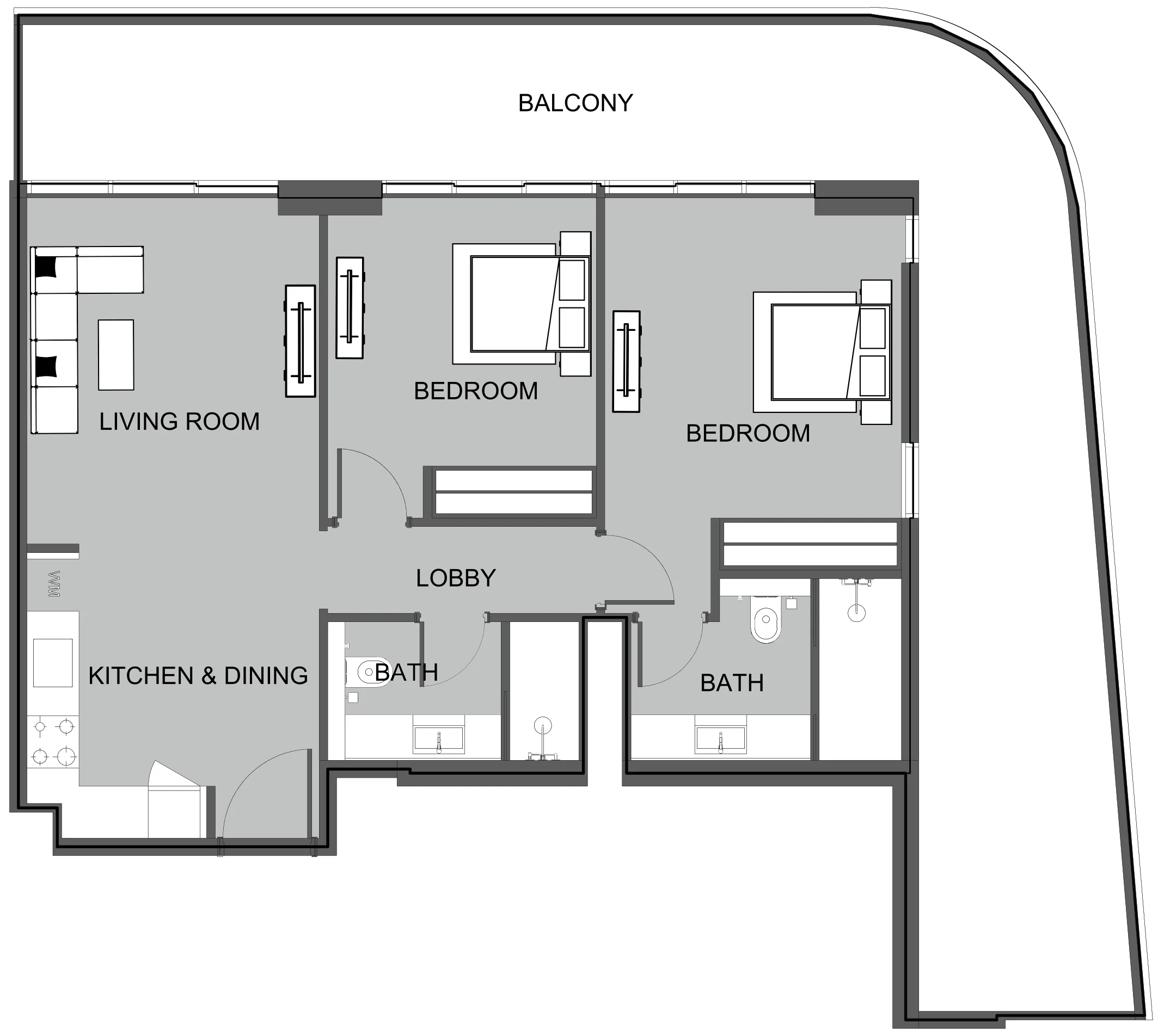 The Boulevard 2 bed floor plan, 1,259 sqft