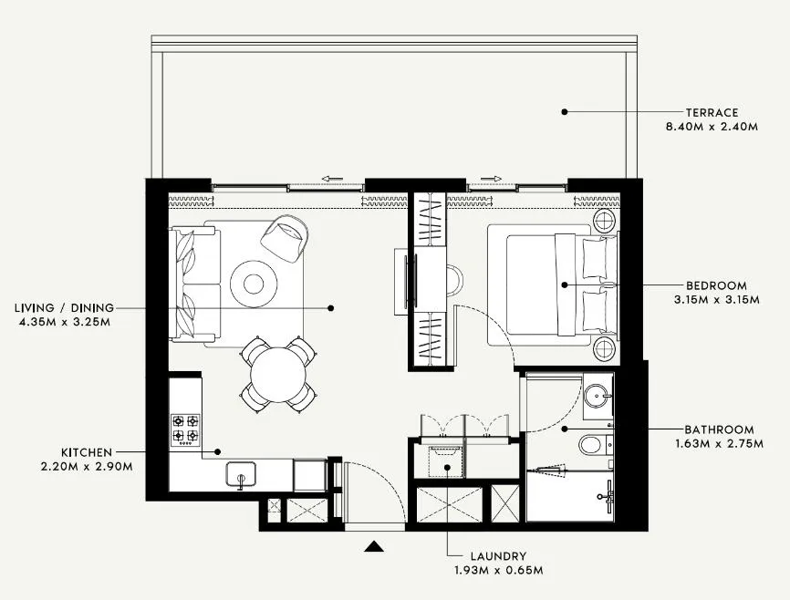 Beach Oasis 1 and 2 1 bed floor plan, 775 sqft