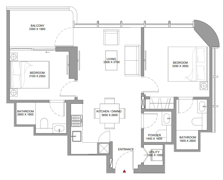 Sobha Aquamont 2 bed floor plan, 771 sqft