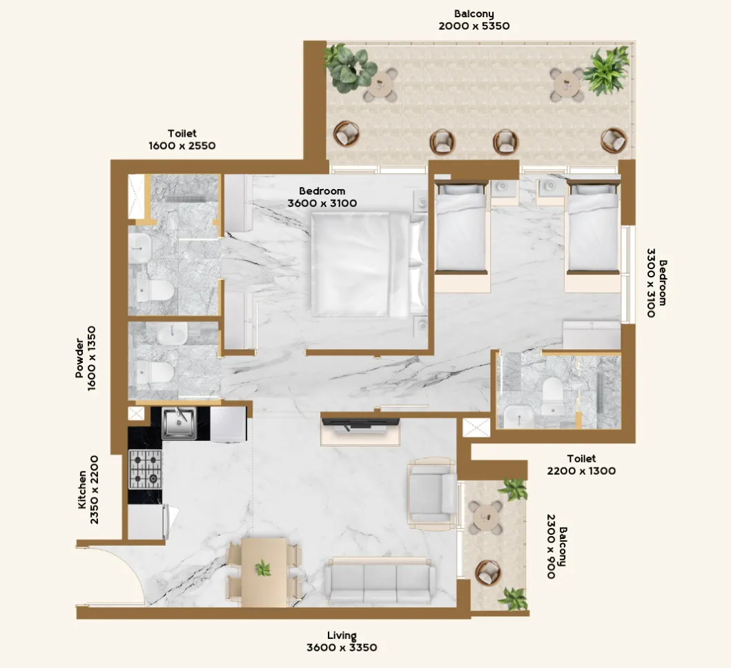 RR Residence 2 bed floor plan, 836 – 862 sqft
