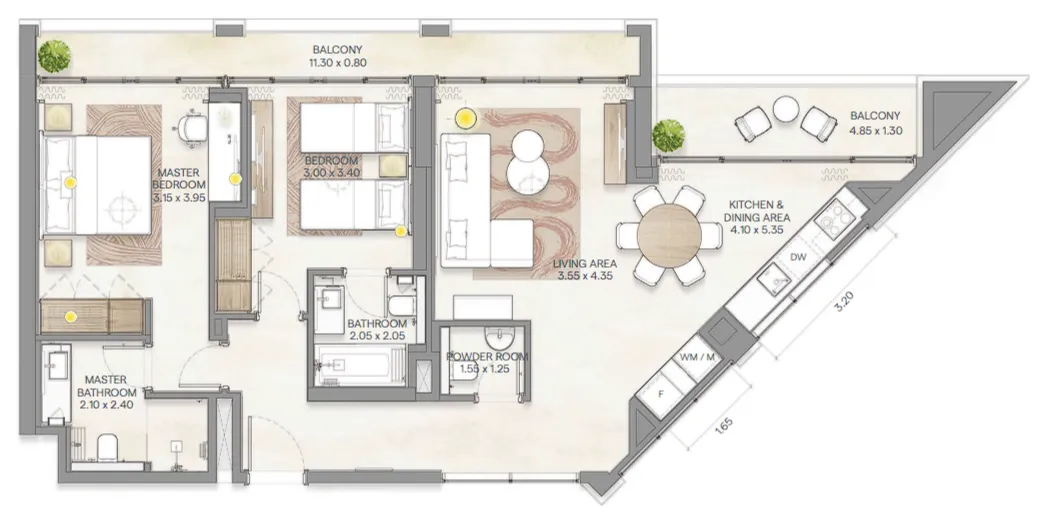 Bloom Arjaan by Rotana  2 bed floor plan, 1,233 – 1,235 sqft