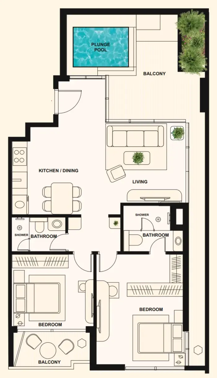 The Elysian 2 bed floor plan, 1,317 sqft