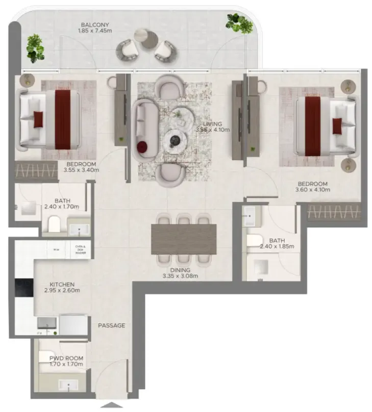 Ramada Residences by Wyndham at Dubai Islands 2 bed floor plan, 1,073 sqft
