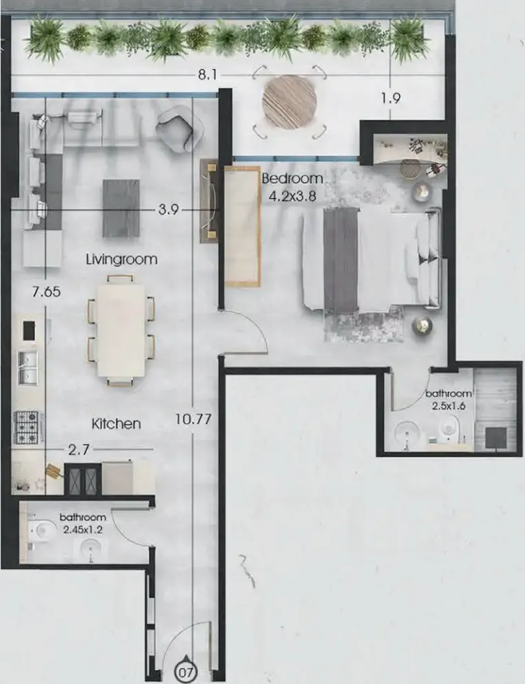 Ethan 1 bed floor plan, 844 sqft