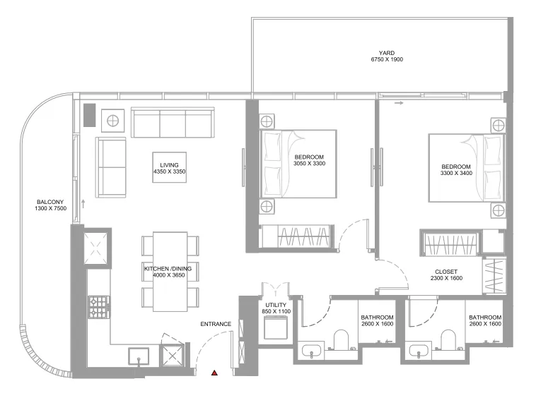 Pearlside Marina Residences 2 bed floor plan, 1,135 – 1,142 sqft