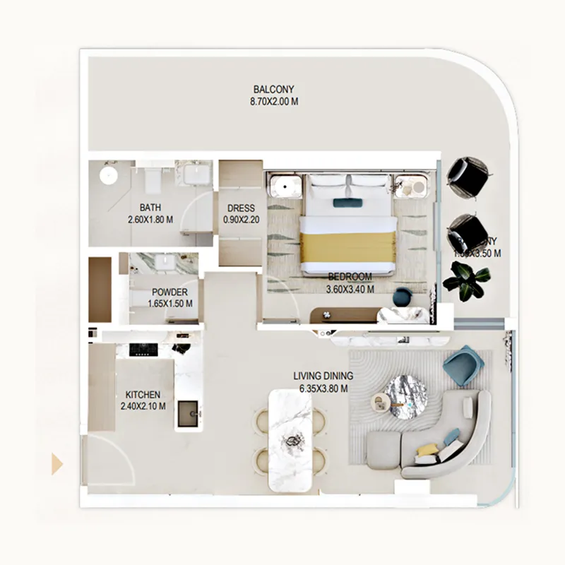 Rabdan Gardens 1 bed floor plan, 849 – 850 sqft
