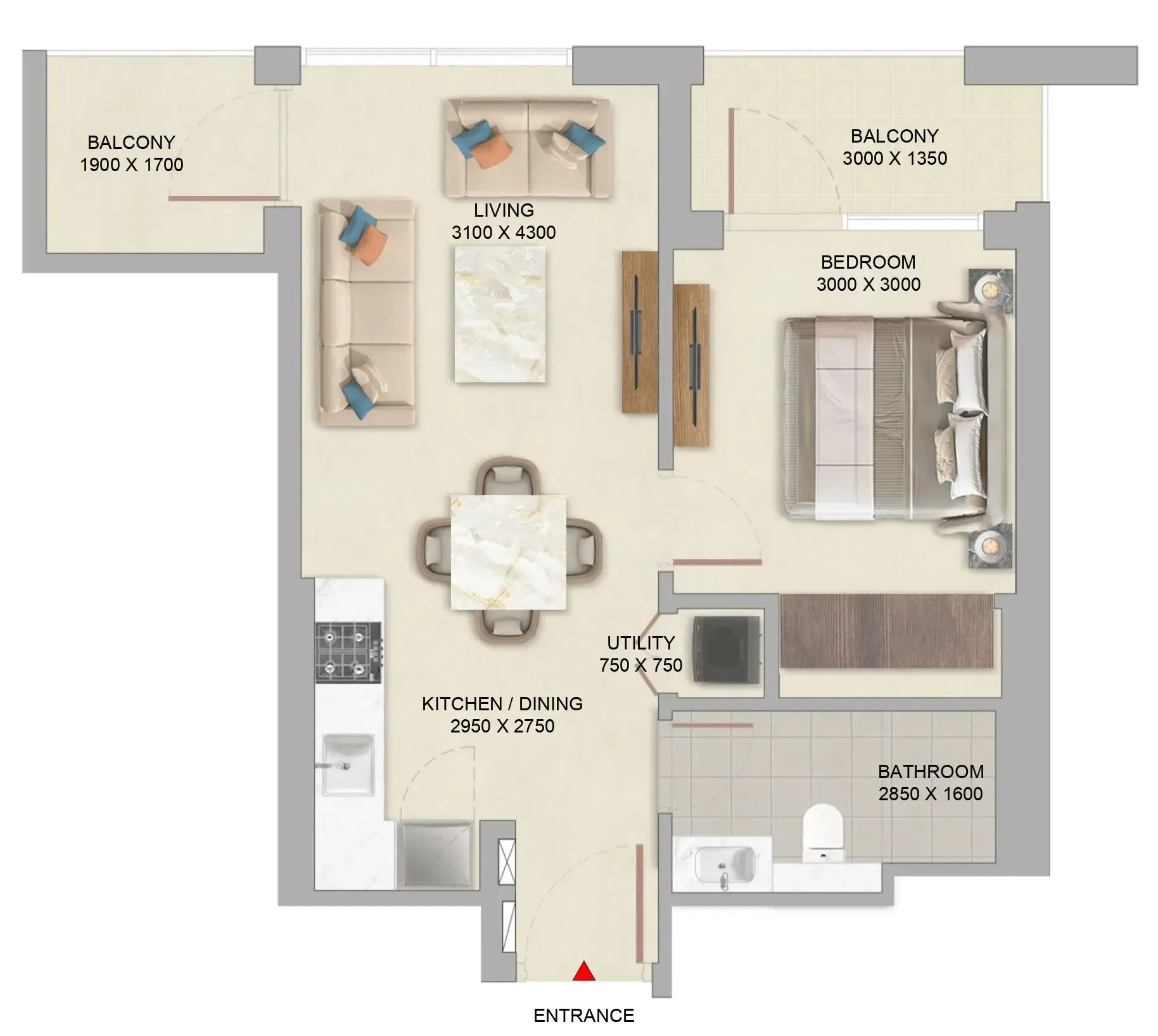 The Woods Abode at Sobha Sanctuary 1 bed floor plan, 591 sqft
