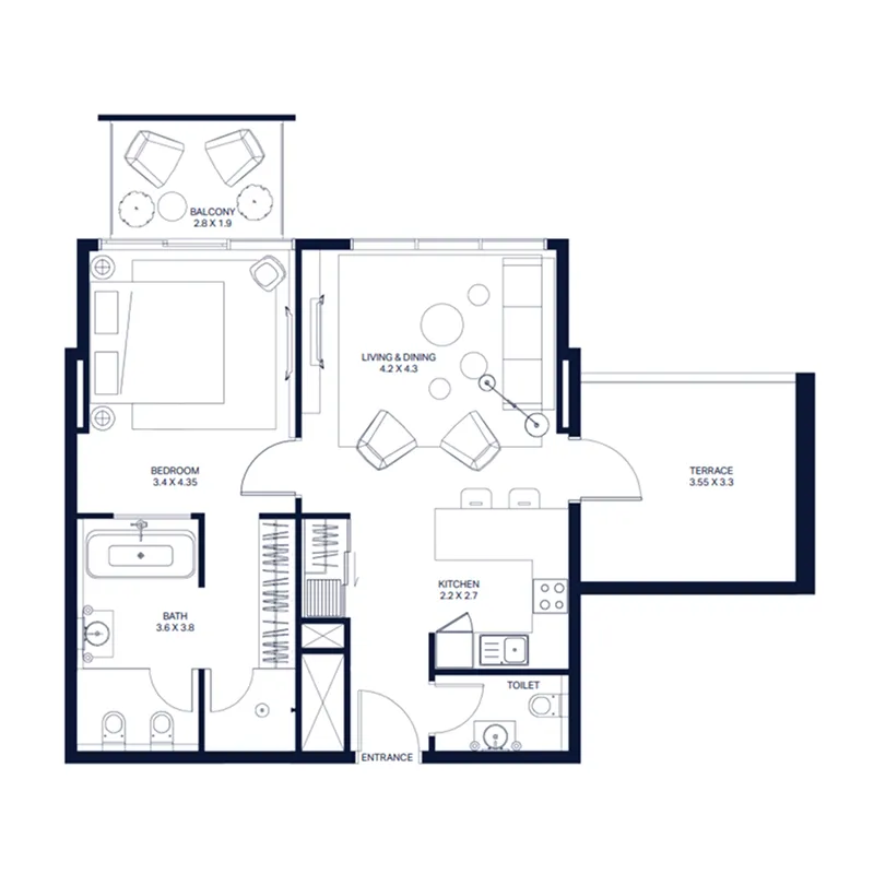 The Atria 1 bed floor plan, 971 sqft